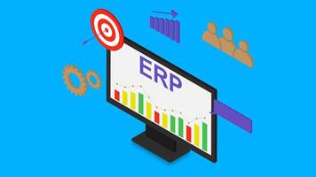 ERP software, enterprise resource planning with monitor isometric on blue background. Productivity, data analysis, dart target and team for business vector