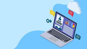 CRM software, customer relationship management software for business, sales, marketing and customer support with laptop isometric on blue background vector