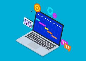 Project management software with laptop, calendar, bubble chat, gear and dart target isometric on blue vector