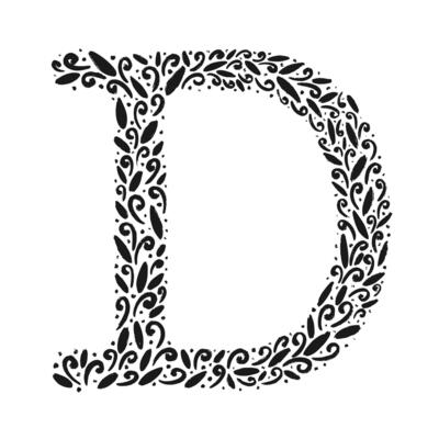 Floral botanical alphabet. Vintage hand drawn letter D. Letter with plants and flowers. Lettering isolated on white