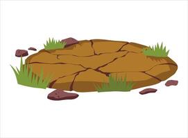 Dry land steppes and deserts platform. Brown dirt with dust, green grass, and stones in a cartoon style. Ideal as a game element or background for desert and steppe environments. vector