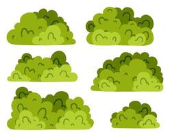 Illustration set of various green bushes in different shapes and sizes. Ideal for landscape design, nature-themed illustrations, or garden-related projects. simple, , green bushes design. vector