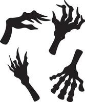 Zombie hands silhouette. Terrible hands from the grave. Set of different hand gestures, the man's hand is holding bone. Design elements for the holiday of Halloween vector