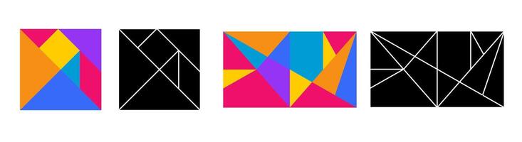 Tangram game square figures in colorful and black style. vector