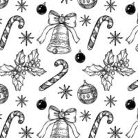 outline Christmas pattern with candy cane and bells, snowflakes. vector