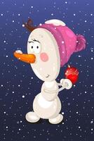 cute snowman with Christmas ball on snow background. Beautiful character for your Christmas projects vector