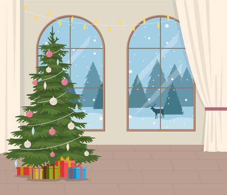 room with big windows and winter landscape, Christmas tree. Beautiful Christmas background