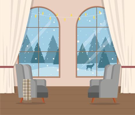 room with big windows and winter landscape and grey chair. Beautiful Christmas background
