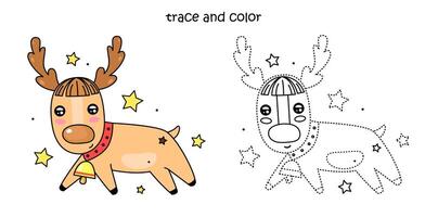 Christmas deer coloring page. Trace and color picture, drawing exercise vector