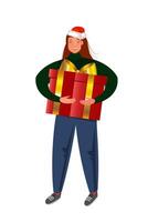 woman in red Santa hat with big present. Great Christmas and New Year character vector