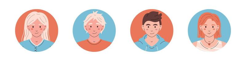 set of people avatars in circles. Characters head portraits in flat design. Avatar Round Icon collection. Different smiling girls and boys. vector