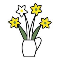 Bunch of Daffodils of the Valley in a Vase with Black Outline on White Background vector