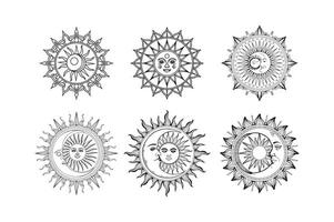 A black and white coloring book line art a sun and moon vector