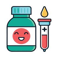a medicine bottle with a smiling face on the label. There's a dropper on the bottle. The background is white. vector