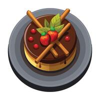 A top-down, close-up shot of a round chocolate cake on a dark brown plate, decorated with three gold vector