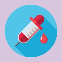 A simplified icon of a syringe with a drop of blood. The syringe is placed on top of a white pill. vector