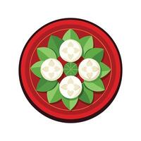 Top-down view of six white dumplings arranged in a flower shape on a dark red circular plate with a geometric border, garnished with green leaves. Illustration, highly detailed, realistic style. vector