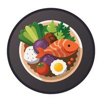 A top-down, photorealistic image of a plate of rice with fish and vegetables, in the style of a food advertisement. vector
