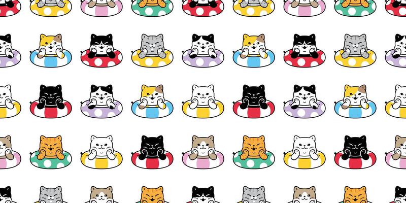 cat seamless pattern swimming pool ring inflatable kitten calico munchkin neko cartoon pet sea beach doodle gift wrapping paper illustration tile background repeat wallpaper isolated design