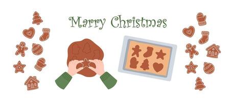 Holiday illustration of the process of making gingerbread cookies. Includes cookie cutters, dough, baking sheet and icing decorations in a simple holiday style. Perfect for Christmas projects. vector
