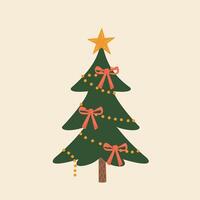 Christmas tree with red ribbon and star, New Year illustration in flat style vector