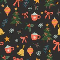 Seamless pattern with Christmas decorations and trees on a dark background. illustration flat style vector