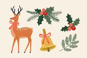 Set of Christmas elements. Reindeer, bell, holly, mistletoe. illustration in flat style vector