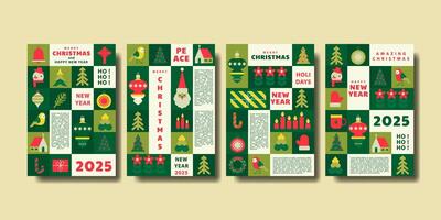 Merry Christmas and Happy New Year greeting cards collection in modern minimalist geometric style vector