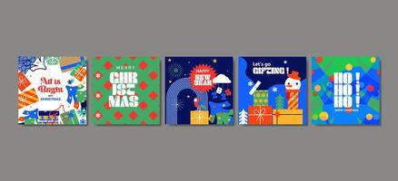 Merry Christmas and Happy New Year greeting card Set with beautiful geometric and doodle elements vector