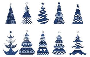 christmas tree collection with art style in blue and white color vector