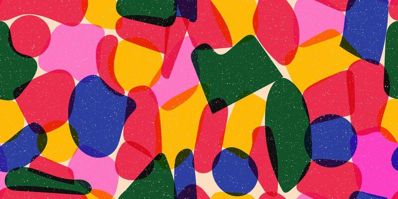 90s style retro seamless pattern with geometric shapes. Multi colored curved spots. Stained pattern with grainy texture. Risograph style background with layering and shifting shapes