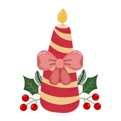 Christmas candle decorated with winter flowers decor with red berries and leaves flat illustration