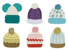 Set of 6 different bright and colorful knitted hats with pompoms for winter or autumn concept vector