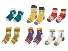 Set of cotton bright modern flat socks illustrations of different pairs. vector