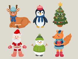 Collection of different Christmas or Snake cartoon characters in flat. Santa Claus, Penguin, Reindeer, Snowman, Squirrel, Christmas tree cute design vector
