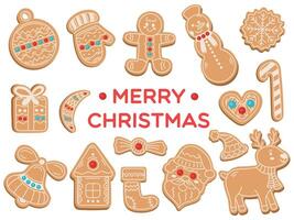 Set of different gingerbread cookies of different shapes for New Year celebration. Homemade baking illustration in flat modern style vector