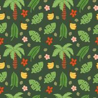 Tropical seamless flat pattern with different elements of jungle and safari. Palms, bananas, tropical leaves, modern design for print or textile summer vector
