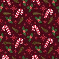 Seamless Christmas simple flat pattern with candy canes with berries and leaves and snowflakes on red background vector