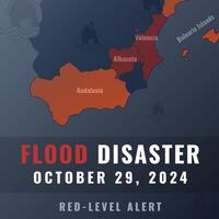 Flood disaster in Spain information illustration with map, flood symbol and text info vector