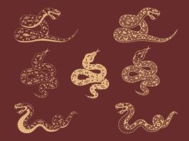 Chinese New Year snake set. Zodiac sign year of the snake with geometric ornament. Isolated elements on red background for festive design, background, card, banner, poster vector