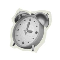 Alarm clock trendy halftone paper sticker. Isolated 3D collage design element in magazine style vector
