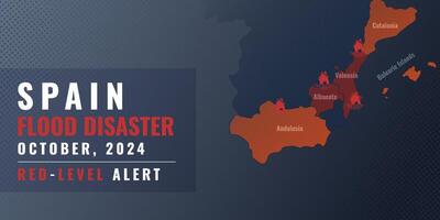 Flood disaster in Spain. Map, flood symbols and text information on dark blue halftone background vector