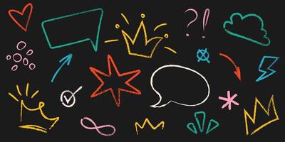 Hand drawn graffiti squiggles. Charcoal crowns, heart, arrows, speech bubbles, stars. Chalk grunge texture colorful elements set isolated on black background vector