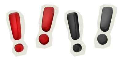 Exclamation mark halftone texture paper stickers. Isolated red and black 3D elements for collage vector
