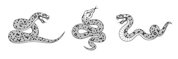Snake with geometric pattern set. Editable stroke black reptiles isolated on white background. Zodiac sign 2025 Lunar year of the snake, Chinese New Year vector