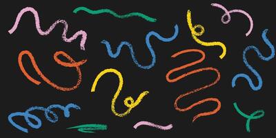 Hand drawn graffiti squiggles. Colorful doodle charcoal curved lines. Grunge texture elements isolated on black background vector