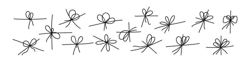 Black bow with tied rope and ribbon knot. Simple line design of string and thread for gift wrapping or marine cord. Flat illustration isolated on white background. vector