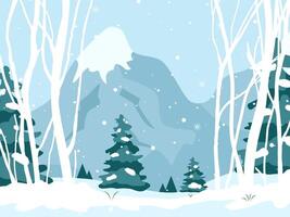 Nature with snowy mountains and trees in winter and falling snow for winter welcome concept. vector