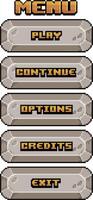 Game menu in pixel art and 8-bit style made up of stone buttons with options such as Play, Continue, Options, Credits and Exit vector