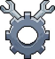 Pixel art of a gear with two wrenches in 8 bit style on a white background vector